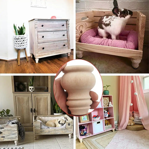 3 Inch Tall Solid Wood Bun Feet Furniture Legs Set Of 4 Unfinished on dresser, pet bed, and cabinets in various settings