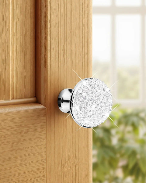 4 Pack Bling Cabinet Knobs Round Crystal 30mm White With Screw ABS Material Sparkling Decoration Drawer Pulls For Kitchen Cupboards Dressers And Cabinets close-up installed on wooden cabinet