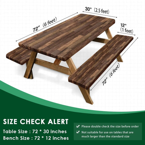 Waterproof Picnic Table Cover Set With Bench Covers Elastic Edges Brown Wood Fitted Tablecloths For Outdoor Patio Camping 72 Inch 3 Piece