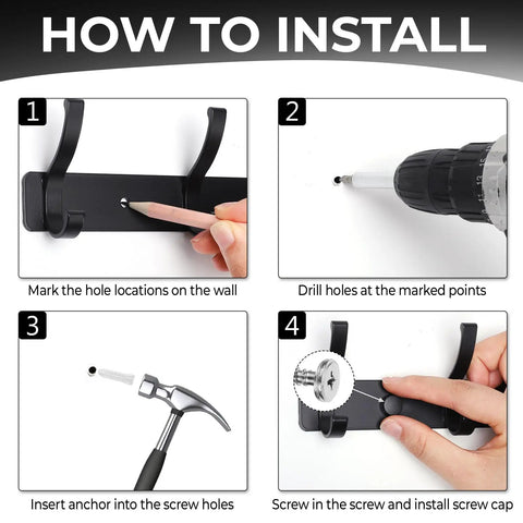 Installation steps for Two Pack Wall Mount Coat Rack Hooks Set For Entryway And Bathroom, showing marking, drilling, anchoring, and screwing.