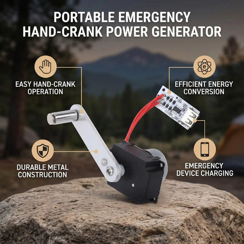 Portable Hand Crank Generator on rock, highlighting easy operation and efficient conversion, for emergency off-grid use outdoors.