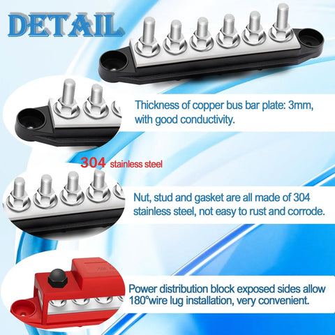Heavy Duty 250A Bus Bar 12V Marine And Car Power Distribution Block With Six One Quarter Inch Copper Terminals Red Black Pair showcasing 304 stainless steel components.