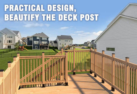 Deck with wooden railings featuring 4x4 wood fence post caps fits 3.5x3.5 posts PP plastic weatherproof UV resistant.