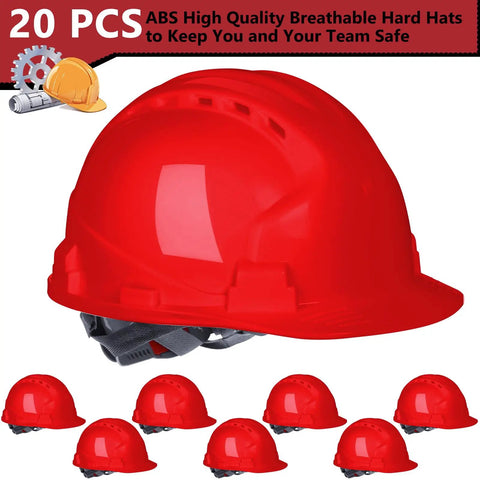 20 Pack Hard Hat Bulk With Adjustable 4 Point Abs Safety Helmets Shop Built Tough For Bosses And Crews Solid Day One Job Site Head Protection To Keep Your Work Squad Secure And Ready - red ABS helmets with adjustable straps and vents.
