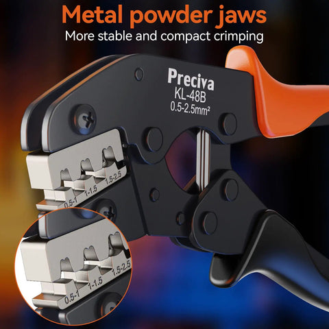 Workhorse Ratcheting Wire Crimping Tool With AWG 22 To 14 Carbide Jaws And Solid Grip For Spade Connectors Pro Electrical Terminal Kit Includes Three Hundred Pieces For Flat Out Reliability And Tight Seals On Every Job - close-up of metal jaws.