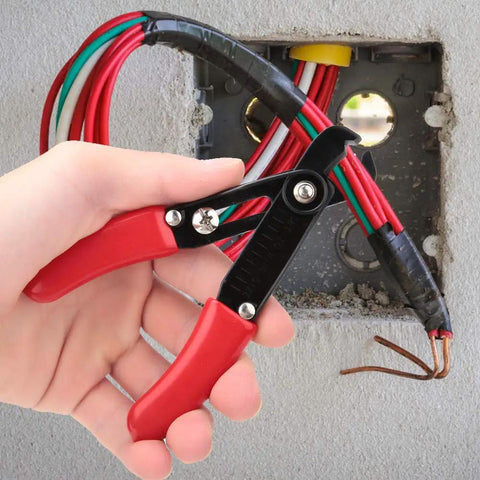Heavy Duty Wire Stripper And Professional Electrician Cutting Pliers Featuring Built Tough Steel Blades And Non Slip Comfort Grip For Trusted Daily Hustle Jobs in hand, wires visible.