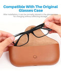 Hands placing smart glasses into brown case, compatible with 100 Pack LED Light Diffusion Stickers Kit For Smart Glasses.