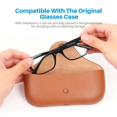 Hands placing smart glasses into brown case, compatible with 100 Pack LED Light Diffusion Stickers Kit For Smart Glasses.