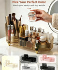 Top Shelf 360 Spin Makeup Organizer For Vanity Countertop Functions As Amber Acrylic Cosmetic Tray with wide slots and varied products