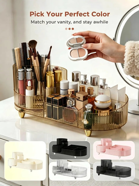Top Shelf 360 Spin Makeup Organizer For Vanity Countertop Functions As Amber Acrylic Cosmetic Tray with wide slots and varied products
