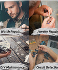 Collage showing uses of Adjustable Welding Clamp Clip Set: watch repair, jewelry repair, DIY maintenance, circuit detection.