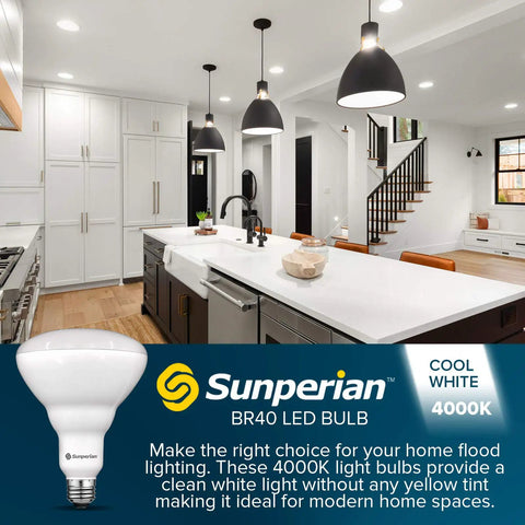 Modern kitchen with recessed lighting and a BR40 LED Flood Light Bulb 13W To 85W Equivalent 3500K Natural White 1400 Lumens displayed.