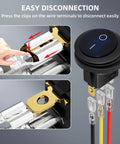 Close-up of easy disconnection for 12V Waterproof Round Rocker Switch With Blue LED Light 3 Pin On Off 20A Weatherproof Marine Grade Toggle