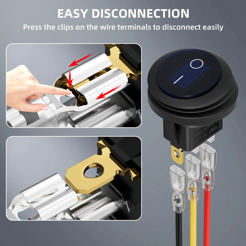 Close-up of easy disconnection for 12V Waterproof Round Rocker Switch With Blue LED Light 3 Pin On Off 20A Weatherproof Marine Grade Toggle