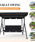 Three-Seat Outdoor Patio Swing Chair With Adjustable Canopy And Durable Steel Frame For Patio Garden And Poolside Black Finish