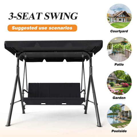 Three-Seat Outdoor Patio Swing Chair With Adjustable Canopy And Durable Steel Frame For Patio Garden And Poolside Black Finish