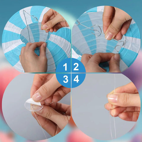 Assembly steps for Lit Classroom Ceiling Decor Kit With 12 White Cloud Ornaments And 6 Paper Hot Air Balloon Lanterns