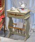Small Narrow Side Table With Storage Holder Slim End Nightstand For Tight Spaces Industrial Wood Couch Snack Table elegantly styled with a teapot and books.