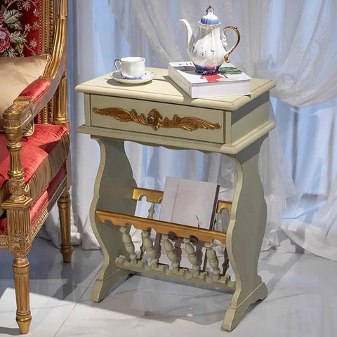 Small Narrow Side Table With Storage Holder Slim End Nightstand For Tight Spaces Industrial Wood Couch Snack Table elegantly styled with a teapot and books.