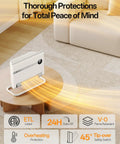 Wall Mounted Space Heater For Bedroom Or Office, 1500W PTC Fast Heating on table, showing safety features, indoor setting