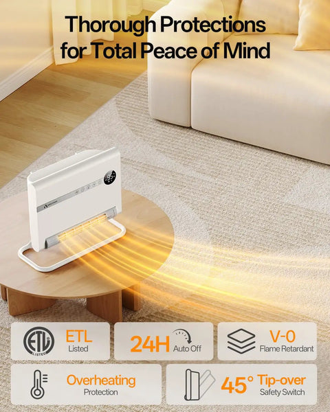 Wall Mounted Space Heater For Bedroom Or Office, 1500W PTC Fast Heating on table, showing safety features, indoor setting