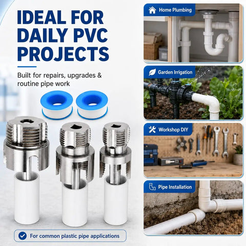 PVC Pipe Threader Kit For 1/2 3/4 1 Inch Plastic Pipes With Internal And External Threading Tool Drill Compatible Includes 3 Hex Adapters Gloves And Thread Seal Tape For Quick Pro Quality Pipe Connections, PVC tools shown