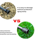 Comparison of drip irrigation tubing with and without protective caps, illustrating aging and durability in outdoor environments.