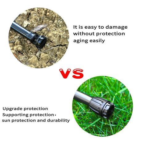 Comparison of drip irrigation tubing with and without protective caps, illustrating aging and durability in outdoor environments.