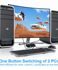 Two PC HDMI USB KVM Switch For Sharing A 4K Monitor Keyboard Mouse And Printer With Two Cables Included shown with two desktops