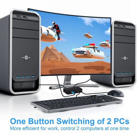 Two PC HDMI USB KVM Switch For Sharing A 4K Monitor Keyboard Mouse And Printer With Two Cables Included shown with two desktops