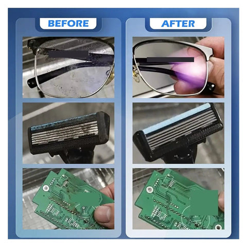 Before and after images of cleaning with Snag This Killer 6.5 Liter Stainless Steel Ultrasonic Cleaner Machine With 180W Power Digital Timer.