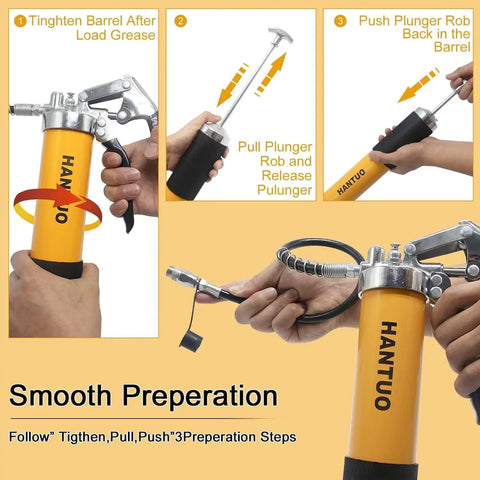 Heavy Duty 8000 PSI Grease Gun Kit With Quick Release Coupler and Ergonomic Grip, showing assembly and usage steps