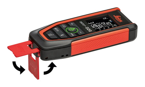 Disto D2G Laser Distance Meter For Pros With 390 Ft Range Green Beam Bluetooth NFC Data Transfer Smart Horizontal Add Subtract Volume 30 Measurement Memory Four Line Display Intelligent End Piece Hand Loop Pouch IP54 Indoor Use shown with fold-out end piece