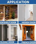 Application of 7 Inch Heavy Duty Self Closing Hidden Door Hinge With Adjustable Speed Control shown on bookshelf, hidden, folding, and French doors.