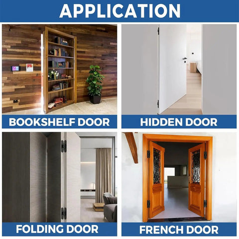 Application of 7 Inch Heavy Duty Self Closing Hidden Door Hinge With Adjustable Speed Control shown on bookshelf, hidden, folding, and French doors.