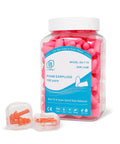 Jar of pink slim fit foam ear plugs for small ear canals, 100 pairs, 35dB SNR noise reduction for sleeping, clear case shown