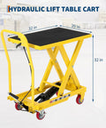 GarveeTech hydraulic lift table cart, yellow frame with black 32x20 in platform on casters, angled front view