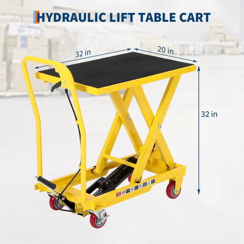 GarveeTech hydraulic lift table cart, yellow frame with black 32x20 in platform on casters, angled front view
