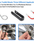 Pack Of 3 3 In 1 Wheel Bolt Cap Removal Tool Set For Audi VW And Most Vehicles Lug Nut Cap Pry Tools Hub Cover Puller Kit Easy Car Wheel Cover Removal For All Cars And SUVs showing tools in use