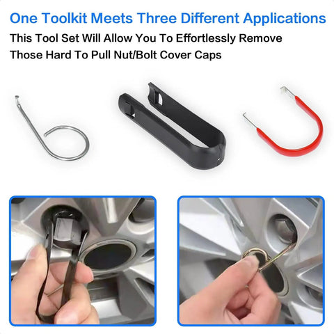 Pack Of 3 3 In 1 Wheel Bolt Cap Removal Tool Set For Audi VW And Most Vehicles Lug Nut Cap Pry Tools Hub Cover Puller Kit Easy Car Wheel Cover Removal For All Cars And SUVs showing tools in use