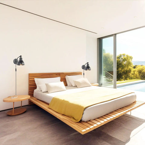 Modern bedroom with set of 2 black plug in wall sconces industrial style with on off cord switch metal wall mount bedside lamps.