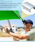 16 Pack Patio Umbrella Rib End Clips 1 Inch For Securing Canopy Fabric And Repairing Ribs Great For Patio Garden Beach Outdoor Setups And Quick Fixes Easily, man adjusting green canopy with silver clip inset