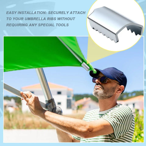 16 Pack Patio Umbrella Rib End Clips 1 Inch For Securing Canopy Fabric And Repairing Ribs Great For Patio Garden Beach Outdoor Setups And Quick Fixes Easily, man adjusting green canopy with silver clip inset