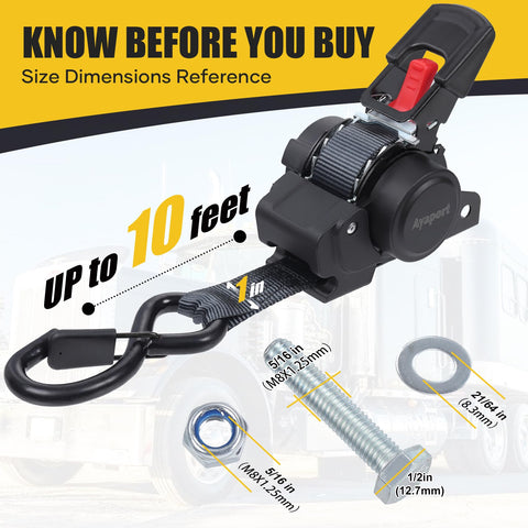 Beefy Retractable Transom Tie Down Straps 1 Inch By 10 Feet Bolt On Ratchet Straps with size dimensions illustration