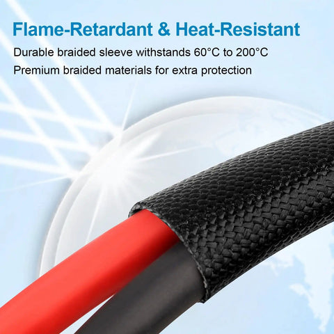 Close-up of 8 AWG Solar Extension Cable's flame-retardant braided sleeve with tinned copper conductors visible.