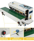Pro Level Automatic Commercial Bag Sealer Machine With Built In Inkjet Printer High Speed Heat Seal System 110V showing conveyor belt and adjusting knobs.