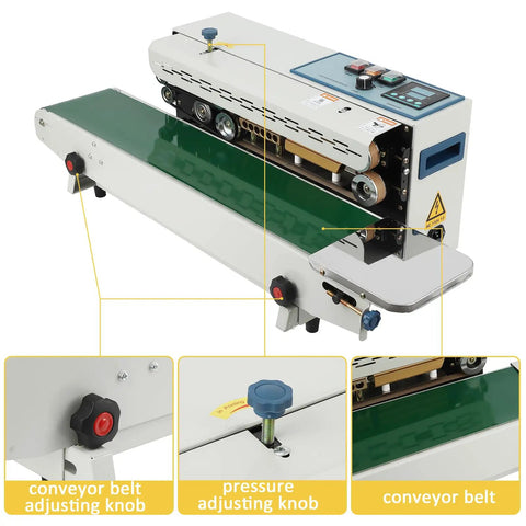 Pro Level Automatic Commercial Bag Sealer Machine With Built In Inkjet Printer High Speed Heat Seal System 110V showing conveyor belt and adjusting knobs.