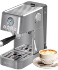 Professional 20 Bar Espresso Machine With Visible Pressure Gauge And Swivel Steam Wand For Silky Milk Foam And Smooth Operator Performance Daily Countertop Coffee Maker with coffee cup.