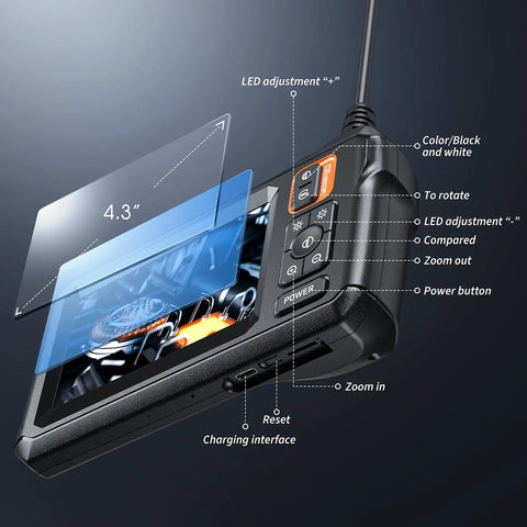 Dope Endoscope Camera With Light For Quick Inspections 4.3 Inch IPS Screen displaying interface and button functions.