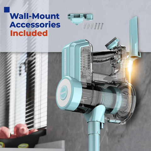 Corded Stick Vacuum Cleaner 450W with wall-mount accessories, transparent view of internals, lightweight 2-in-1 handheld design.